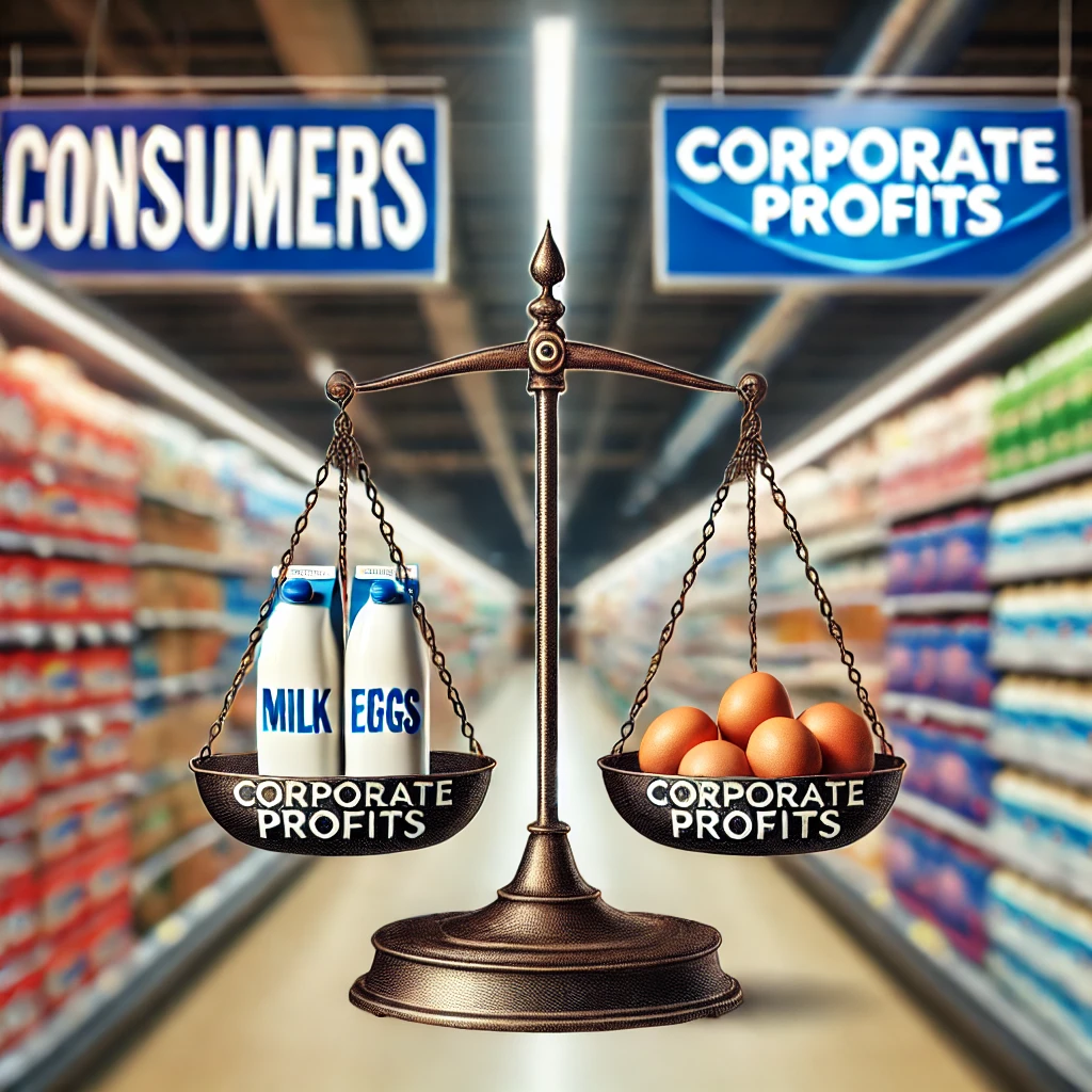 image depicting a supermarket aisle with high prices prominently displayed on everyday items like milk and eggs