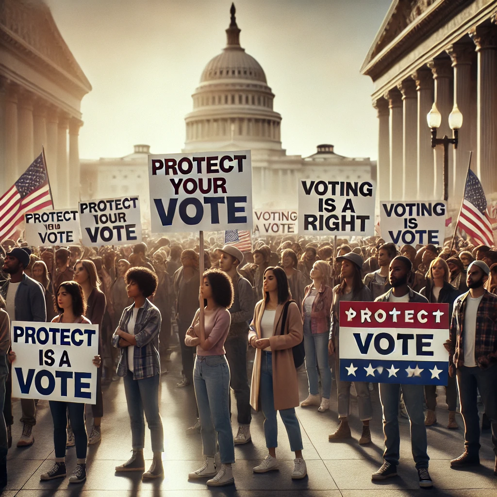 A cinematic, realistic image showing a diverse group of protesters peacefully demonstrating for voting rights in the USA