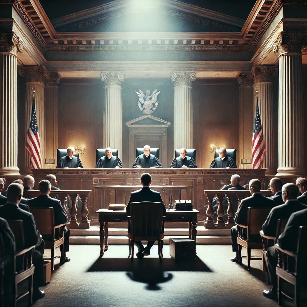 A cinematic, realistic image showing a tense courtroom scene in the United States Supreme Court